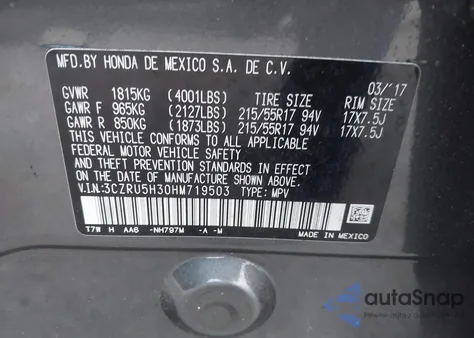 2017 Honda Hr-V Lx from USA, damaged, VIN 3CZRU5H30HM719503